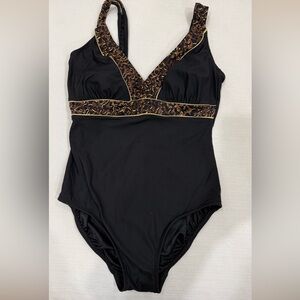 Vintage 80s Black and Brown Animal Print swimsuit 
Vintage Size 12